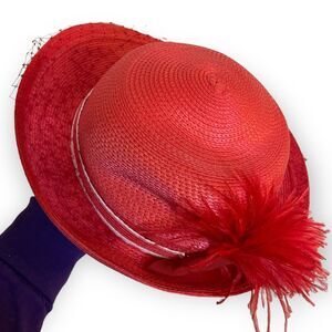 Designed By Sylvia NY Derby Hat Womens Red Straw Fascinators Woven VTG Feathers